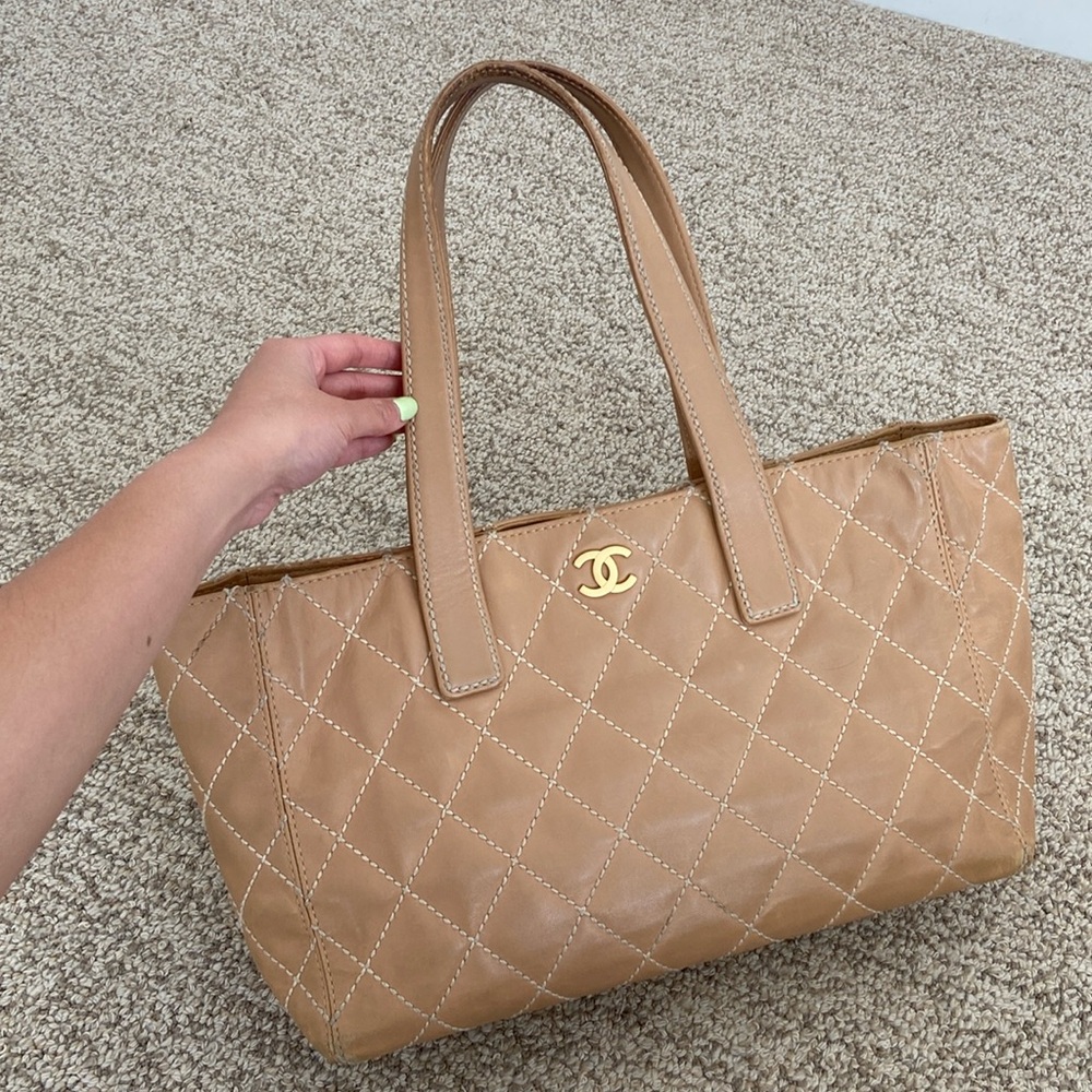 Chanel Beige Whipstitch Quilted Shoulder Tote